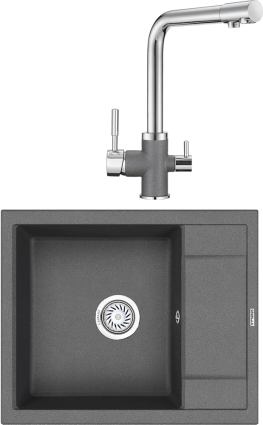 Комплект Мойка кухонная Granula GR-6002 графит + Смеситель GR-3015 графит матовая, прямоугольная