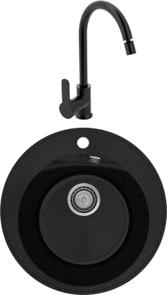 Polygran Комплект Мойка кухонная Practik PR 475-004 черный оникс + Смеситель MEGA City MG-ZRV102-b черный глянцевая, круглая