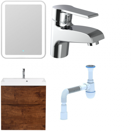 Комплект: Мебель для ванной BelBagno Marino H60 rovere moro + Смеситель Agger Right A2902100 для раковины, хром  + Сифон АниПласт