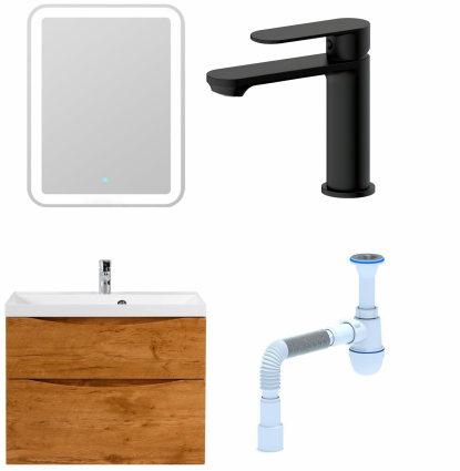 Комплект: Мебель для ванной BelBagno Marino H80 rovere nature + Смеситель для раковины Haiba HB10590-7 черный + Сифон АниПласт