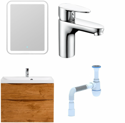 Комплект: Мебель для ванной BelBagno Marino H80 rovere nature + Смеситель Wasserkraft Leine 3503 для раковины, хром + Сифон АниПласт