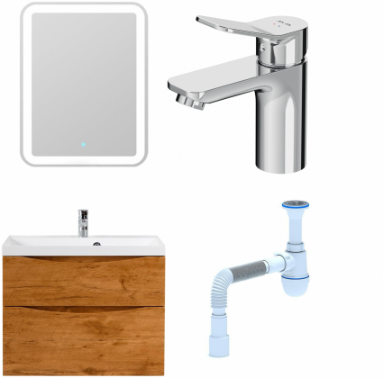 Комплект: Мебель для ванной BelBagno Marino H80 rovere nature + Смеситель Am.Pm X-Joy F85A02100 для раковины, хром + Сифон АниПласт