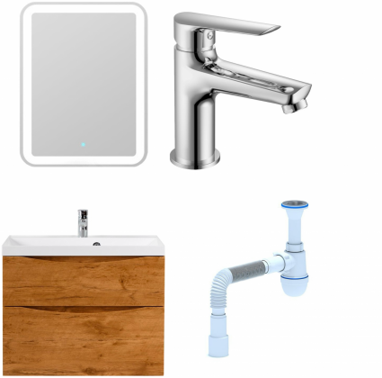 Комплект: Мебель для ванной BelBagno Marino H80 rovere nature + Смеситель для раковины Haiba HB10198, хром + Сифон АниПласт