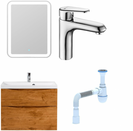 Комплект: Мебель для ванной BelBagno Marino H80 rovere nature + Смеситель Lemark Point LM0306C для раковины, хром + Сифон АниПласт