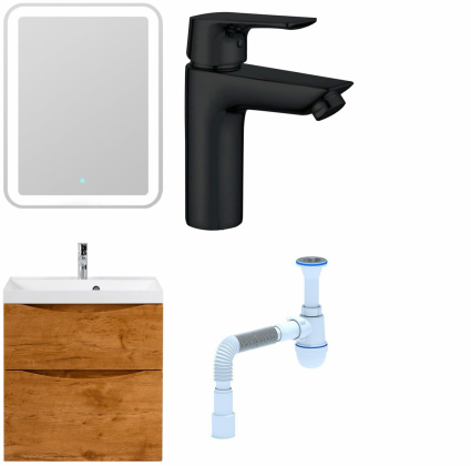 Комплект: Мебель для ванной BelBagno Marino H60 rovere nature  + Смеситель Aquanet Static AF330-10B для раковины, чёрный + Сифон АниПласт