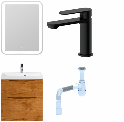 Комплект: Мебель для ванной BelBagno Marino H60 rovere nature  + Смеситель для раковины Haiba HB10590-7, черный + Сифон АниПласт