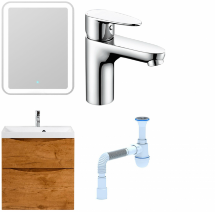 Комплект: Мебель для ванной BelBagno Marino H60 rovere nature  + Смеситель Wasserkraft Leine 3503 для раковины, хром + Сифон АниПласт