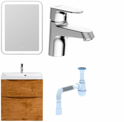 Комплект: Мебель для ванной BelBagno Marino H60 rovere nature + Смеситель Bravat Alfa F1120178CP для раковины, хром + Сифон АниПласт