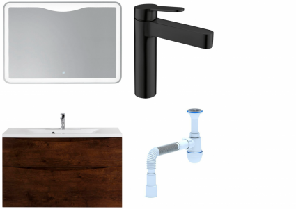 Комплект: Мебель для ванной BelBagno Marino H100 rovere moro + Смеситель для раковины BelBagno Delta DEL-LVM-NERO, черный + Сифон АниПласт