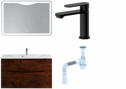 Комплект: Мебель для ванной BelBagno Marino H100 rovere moro + Смеситель для раковины Haiba HB10590-7, черный + Сифон АниПласт