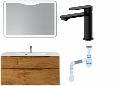 Комплект: Мебель для ванной BelBagno Marino H120 rovere nature + Смеситель для раковины Haiba HB10590-7, черный + Сифон АниПласт