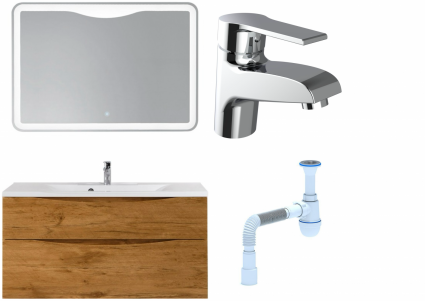 Комплект: Мебель для ванной BelBagno Marino H120 rovere nature + Смеситель Agger Right A2902100 для раковины, хром + Сифон АниПласт