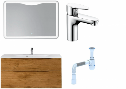 Комплект: Мебель для ванной BelBagno Marino H120 rovere nature + Смеситель Wasserkraft Leine 3503 для раковины, хром + Сифон АниПласт