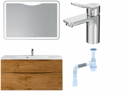 Комплект: Мебель для ванной BelBagno Marino H120 rovere nature + Смеситель Am.Pm X-Joy F85A02100 для раковины, хром + Сифон АниПласт