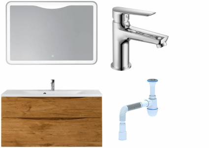 Комплект: Мебель для ванной BelBagno Marino H120 rovere nature + Смеситель для раковины Haiba HB10198, хром + Сифон АниПласт