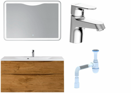 Комплект: Мебель для ванной BelBagno Marino H120 rovere nature + Смеситель Bravat Alfa F1120178CP для раковины, хром + Сифон АниПласт