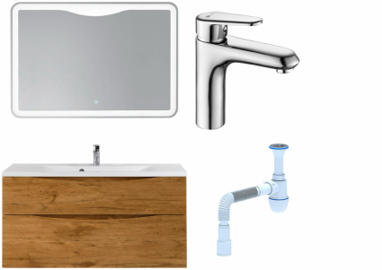 Комплект: Мебель для ванной BelBagno Marino H120 rovere nature + Смеситель Lemark Point LM0306C для раковины однорычажный, хром + Сифон АниПласт