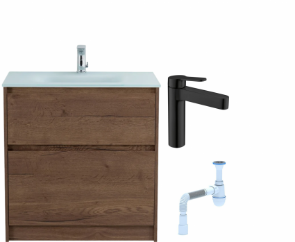 Комплект: Тумба с раковиной BelBagno Kraft 80 напольная + Смеситель для раковины BelBagno Delta DEL-LVM-NERO, черный + Сифон АниПласт