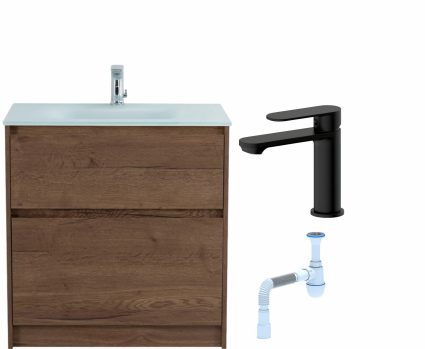 Комплект: Тумба с раковиной BelBagno Kraft 80 напольная + Смеситель для раковины Haiba HB10590-7, черный + Сифон АниПласт