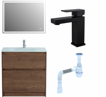 Комплект: Мебель для ванной BelBagno Kraft 80 + Смеситель для раковины Haiba HB10803-7, черный + Сифон АниПласт