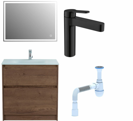 Комплект: Мебель для ванной BelBagno Kraft 80 + Смеситель для раковины BelBagno Delta DEL-LVM-NERO, черный + Сифон АниПласт