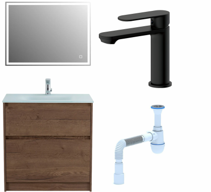 Комплект: Мебель для ванной BelBagno Kraft 80 + Смеситель для раковины Haiba HB10590-7, черный + Сифон АниПласт