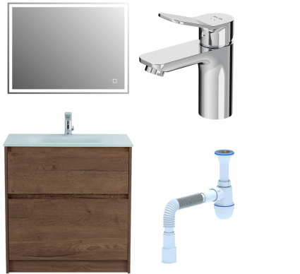 Комплект: Мебель для ванной BelBagno Kraft 80 + Смеситель Am.Pm X-Joy F85A02100 для раковины, хром + Сифон АниПласт