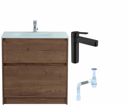 Комплект: Тумба с раковиной BelBagno Kraft 80 напольная + Смеситель для раковины BelBagno Delta DEL-LVM-NERO, черный + Сифон АниПласт