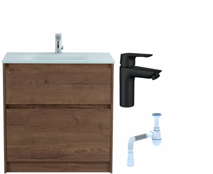 Комплект: Тумба с раковиной BelBagno Kraft 80 напольная + Смеситель Aquanet Static AF330-10B для раковины, чёрный + Сифон АниПласт