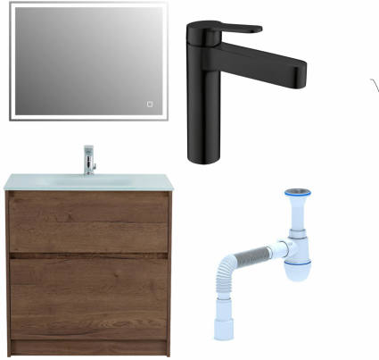 Комплект: Мебель для ванной BelBagno Kraft 80 + Смеситель для раковины BelBagno Delta DEL-LVM-NERO, черный + Сифон АниПласт