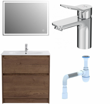 Комплект: Мебель для ванной BelBagno Kraft 80 + Смеситель Am.Pm X-Joy F85A02100 для раковины, хром + Сифон АниПласт