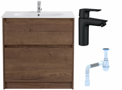 Комплект: Тумба с раковиной BelBagno Kraft 80 напольная + Смеситель Aquanet Static AF330-10B для раковины, чёрный + Сифон АниПласт