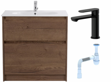 Комплект: Тумба с раковиной BelBagno Kraft 80 напольная + Смеситель для раковины Haiba HB10590-7, черный + Сифон АниПласт