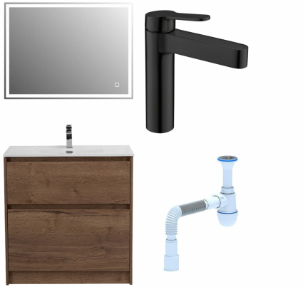 Комплект: Мебель для ванной BelBagno Kraft 80  + Смеситель для раковины Haiba HB10803-7, черный + Сифон АниПласт