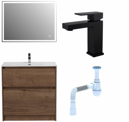 Комплект: Мебель для ванной BelBagno Kraft 80 + Смеситель для раковины Haiba HB10803-7, черный + Сифон АниПласт