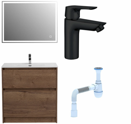 Комплект: Мебель для ванной BelBagno Kraft 80 + Смеситель Aquanet Static AF330-10B для раковины, чёрный + Сифон АниПласт