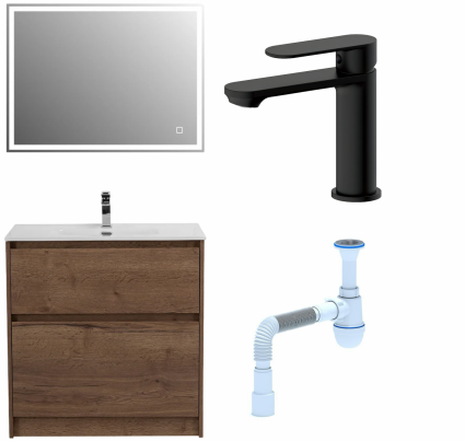Комплект: Мебель для ванной BelBagno Kraft 80 + Смеситель для раковины Haiba HB10590-7, черный + Сифон АниПласт
