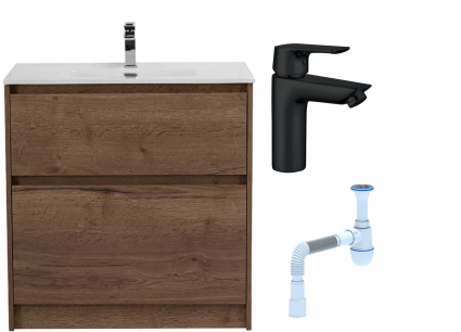 Комплект: Тумба с раковиной BelBagno Kraft 80 напольная + Смеситель Aquanet Static AF330-10B для раковины, чёрный + Сифон АниПласт