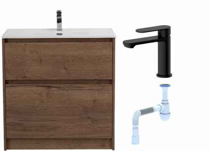 Комплект: Тумба с раковиной BelBagno Kraft 80 напольная + Смеситель для раковины Haiba HB10590-7, черный + Сифон АниПласт