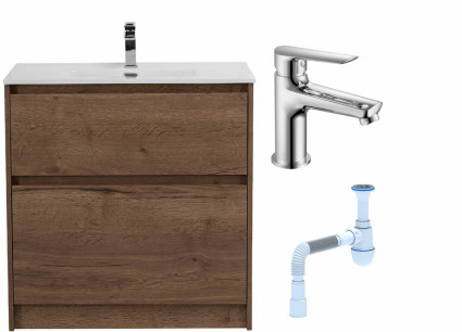 Комплект: Тумба с раковиной BelBagno Kraft 80 напольная + Смеситель для раковины Haiba HB10198, хром + Сифон АниПласт