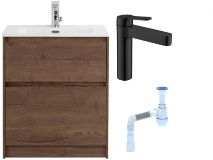 Комплект: Тумба с раковиной BelBagno Kraft 60 напольная + Смеситель для раковины BelBagno Delta DEL-LVM-NERO, черный + Сифон АниПласт