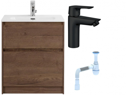 Комплект: Тумба с раковиной BelBagno Kraft 60 напольная + Смеситель для раковины BelBagno Delta DEL-LVM-NERO, черный + Сифон АниПласт