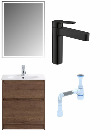 Комплект: Мебель для ванной BelBagno Kraft 60 + Смеситель для раковины BelBagno Delta DEL-LVM-NERO, черный + Сифон АниПласт