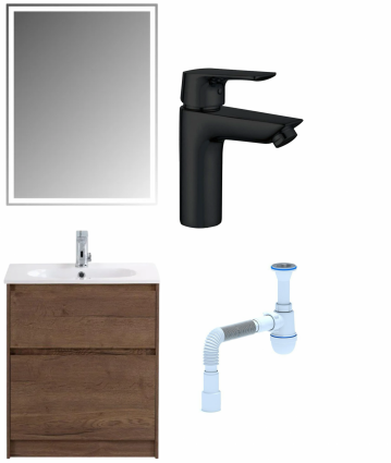Комплект: Мебель для ванной BelBagno Kraft 60 + Смеситель Aquanet Static AF330-10B для раковины, чёрный + Сифон АниПласт