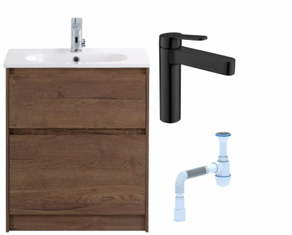 Комплект: Тумба с раковиной BelBagno Kraft 60 напольная + Смеситель для раковины BelBagno Delta DEL-LVM-NERO, черный + Сифон АниПласт