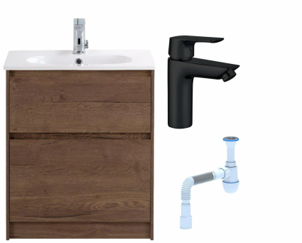 Комплект: Тумба с раковиной BelBagno Kraft 60 напольная + Смеситель Aquanet Static AF330-10B для раковины, чёрный + Сифон АниПласт
