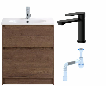Комплект: Тумба с раковиной BelBagno Kraft 60 напольная + Смеситель для раковины Haiba HB10590-7, черный + Сифон АниПласт