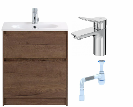 Комплект: Тумба с раковиной BelBagno Kraft 60 напольная + Смеситель Am.Pm X-Joy F85A02100 для раковины, хром + Сифон АниПласт