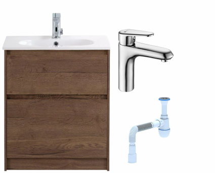 Комплект: Тумба с раковиной BelBagno Kraft 60 напольная + Смеситель Lemark Point LM0306C для раковины, хром + Сифон АниПласт