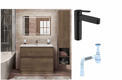 Комплект: Мебель для ванной BelBagno Kraft 100 + Смеситель для раковины BelBagno Delta DEL-LVM-NERO, черный + Сифон АниПласт